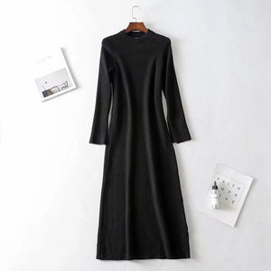 winter knitting dress women england simple style solid o-neck sheath vestidos vestidos de fiesta de noche maxi dress