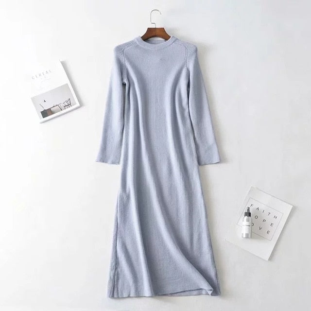 winter knitting dress women england simple style solid o-neck sheath vestidos vestidos de fiesta de noche maxi dress