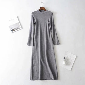 winter knitting dress women england simple style solid o-neck sheath vestidos vestidos de fiesta de noche maxi dress