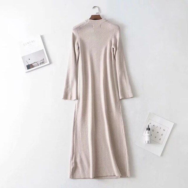 winter knitting dress women england simple style solid o-neck sheath vestidos vestidos de fiesta de noche maxi dress