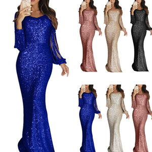 Sequin Tassel Long Sleeve Dress Fringe Sukienka Elegant Long Party Dresses Evening Robe 2019 Sexy Shiny Dress Floor Length Women