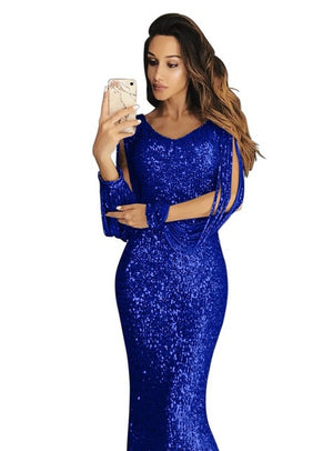 Sequin Tassel Long Sleeve Dress Fringe Sukienka Elegant Long Party Dresses Evening Robe 2019 Sexy Shiny Dress Floor Length Women