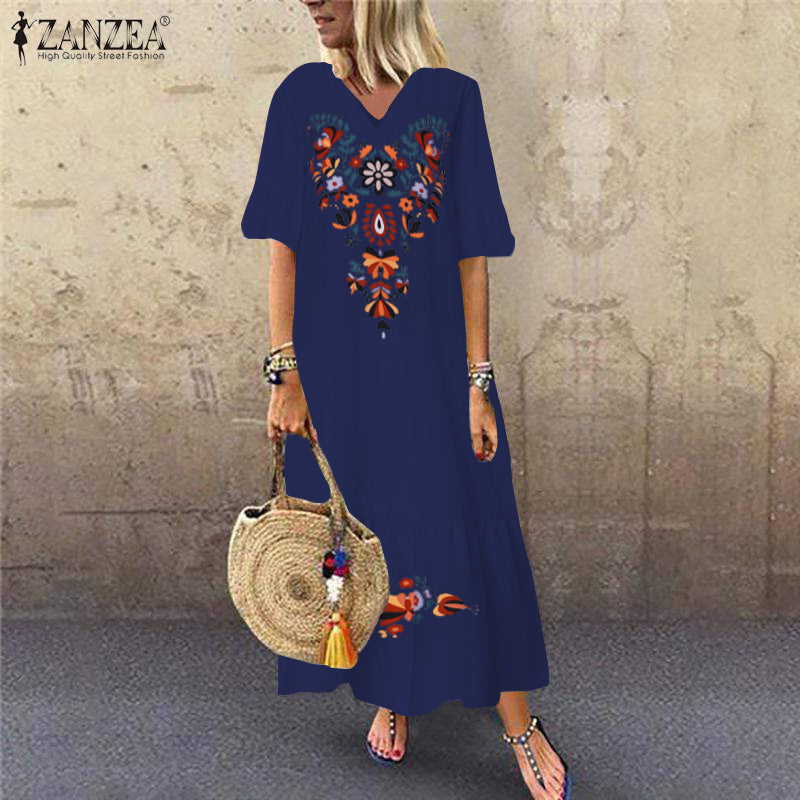 Bohemian Printed Maxi Dress ZANZEA 2019 Women's Sundress Summer Casual V-Neck Ruffle Vestidos Female Short Sleeve Floral Robe