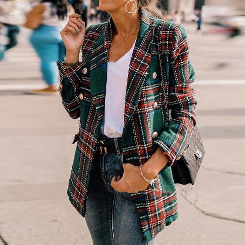 Fashion Long Sleeve Plaid Blazer Feminino 2019 Autumn Winter Buttons Office Women Jacket Tweed Blazer Mujer Casual Coat Blazers