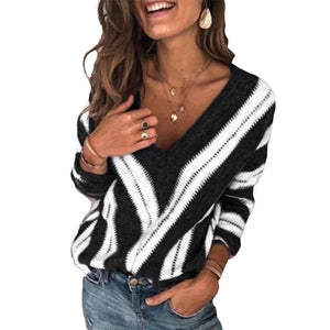 Plus Size 5XL New 2019 Autumn Winter Women's Sweaters V Neck Striped Pullover Korean Style Minimalist Casual Office Lady Sweater