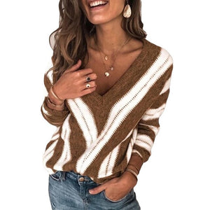 Plus Size 5XL New 2019 Autumn Winter Women's Sweaters V Neck Striped Pullover Korean Style Minimalist Casual Office Lady Sweater