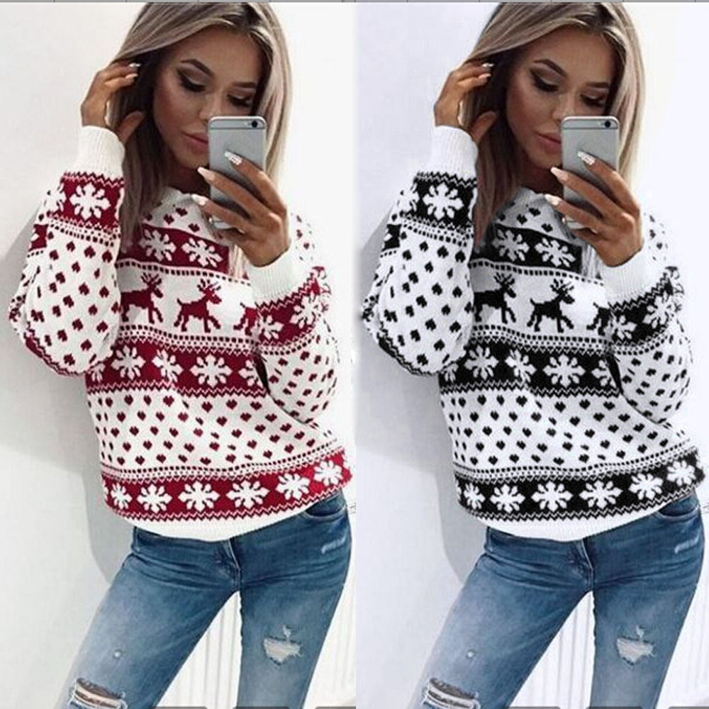 Winter O-Neck Sweater Women 2019 New Christmas Xmas Knitted Pullover Sweater Female Floral Dot Print Long Sleeve Jumper Sweater