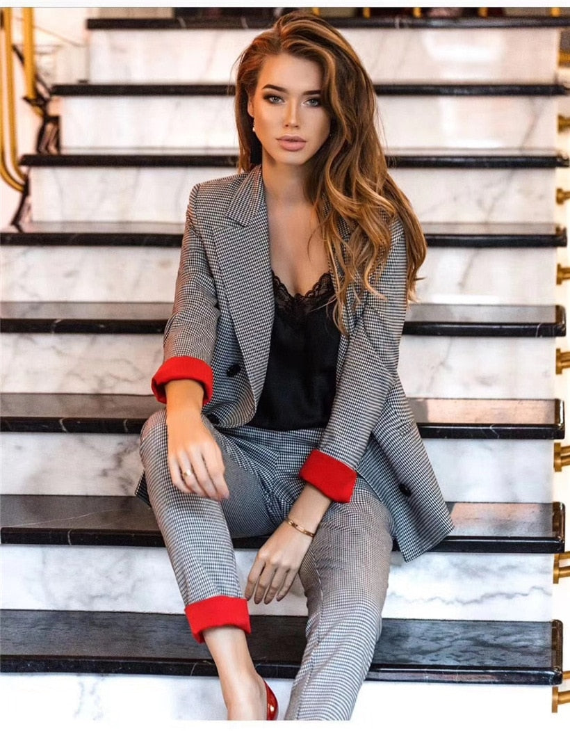 Women's Costumes Suits Classic Office Business Plaid Patchwork Double-breasted Pantsuit Female Autumn Blazer Trouser Suit Set