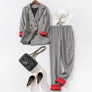 Women's Costumes Suits Classic Office Business Plaid Patchwork Double-breasted Pantsuit Female Autumn Blazer Trouser Suit Set