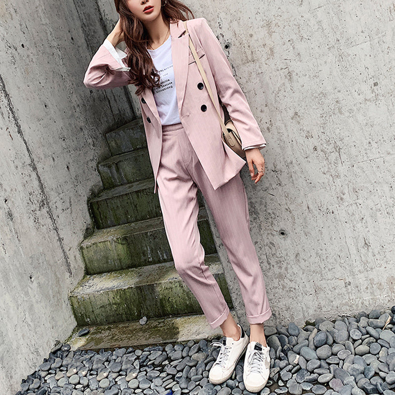 Casual Double-breasted Striped Women Blazer Suit Set Long Sleeve Women Pant Suits Office Ladies 2 Pieces Set Female Trouser Suit