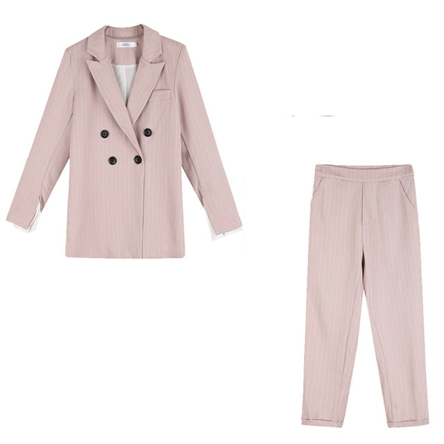 Casual Double-breasted Striped Women Blazer Suit Set Long Sleeve Women Pant Suits Office Ladies 2 Pieces Set Female Trouser Suit