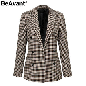 BeAvant Double breasted short plaid women blazer Long sleeve pocket tweed ladies blazer 2018 Winter jacket office suit female