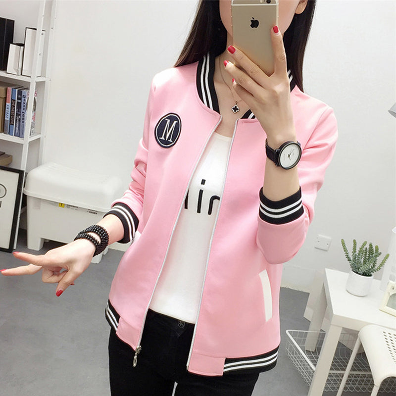 Fashion Women Zipper Long Sleeve Jacket Coat Outwear Stylish Casual Tops baseball uniform female Autumn pink cropped jacket