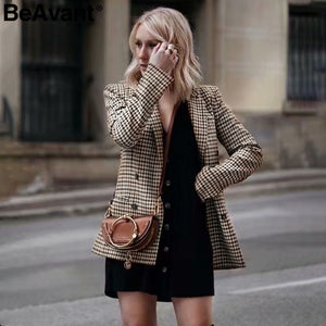 BeAvant Double breasted short plaid women blazer Long sleeve pocket tweed ladies blazer 2018 Winter jacket office suit female