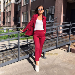 Work Pant Suits OL 2 Piece Sets Double Breasted Striped Blazer Jacket & Zipper Trousers Suit For Women Set Feminino Spring