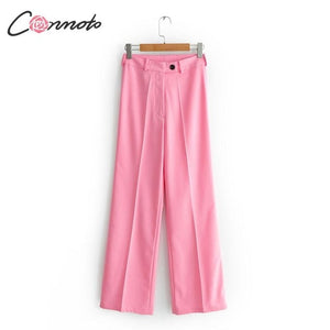 Conmoto Fashion High Street Pink Blazer Pants Suit Women 2019 Summer Long Sleeve Pockets Blazer Casual High Waist Long Pants