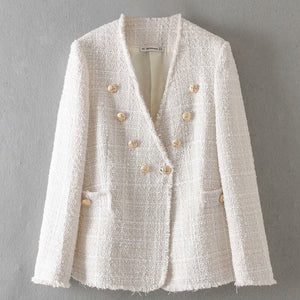 Women elegant white coat double breasted V neck buttons jacket office wear female casual outwear top blusas 9200