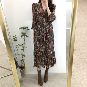 Women Dress 2019 Spring Summer Korean Fashion Vintage Floral Print Chiffon Midi Dress Ladies Elegant Dresses With Belt Clothes