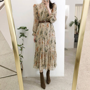 Women Dress 2019 Spring Summer Korean Fashion Vintage Floral Print Chiffon Midi Dress Ladies Elegant Dresses With Belt Clothes