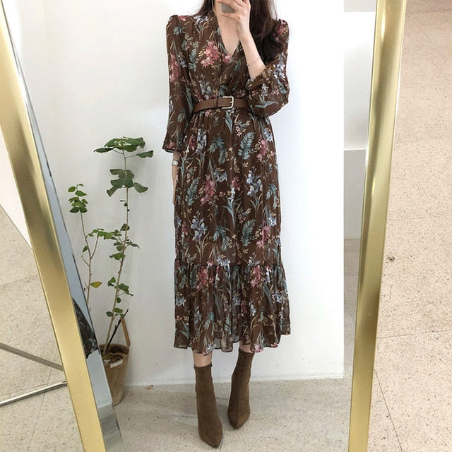 Women Dress 2019 Spring Summer Korean Fashion Vintage Floral Print Chiffon Midi Dress Ladies Elegant Dresses With Belt Clothes