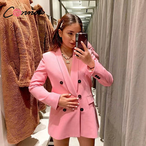 Conmoto Fashion High Street Pink Blazer Pants Suit Women 2019 Summer Long Sleeve Pockets Blazer Casual High Waist Long Pants